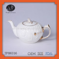 Hot selling Chinese white ceramic porcelain embossed tea pot with gold rim